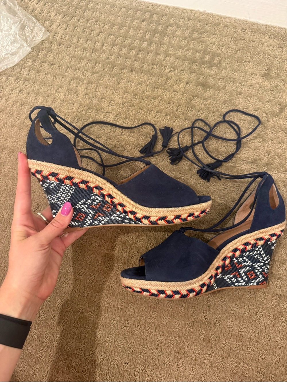 CAbi Navy Suede Espadrille Wedge Heel Sandals with bohemian print